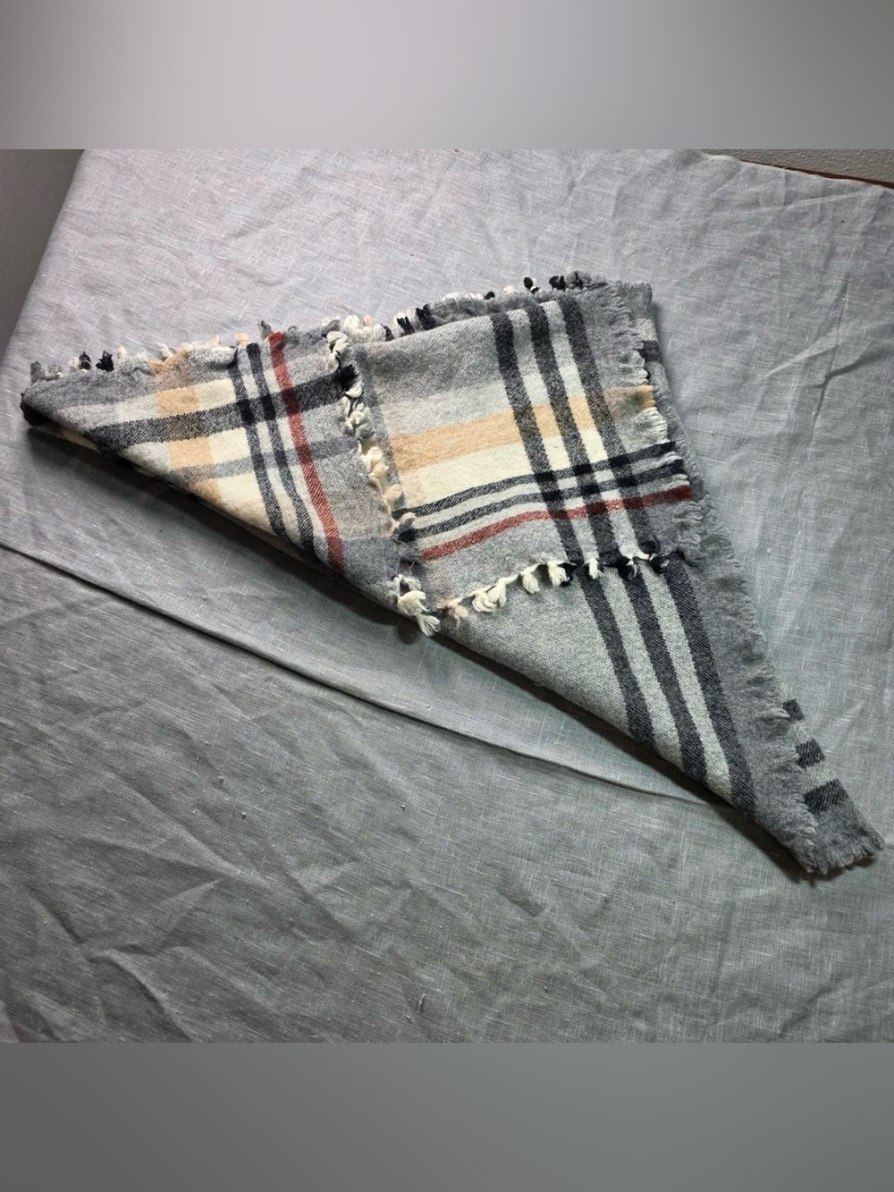 Wilfred Free Aritzia Blanket Scarf Plaid Wool Blend Grey Red Fringe Oversized